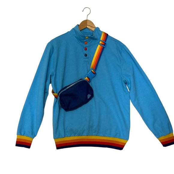 ALDI sz Medium Pullover + Navy Shoulder Pack Colorful Stripes Light Blue - Picture 1 of 6